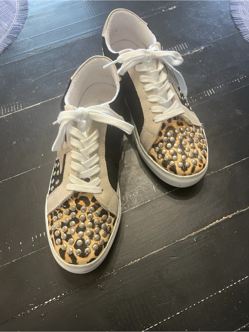 Steve Madden Leopard Stud Lace-Up Sneakers - Beige Black Gold - Picture 3 of 4